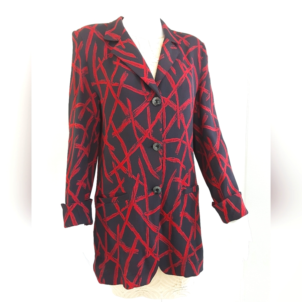 PARIS Bamboo Red Blue Print Tunic Jacket  Sz 10 - VTG 80's